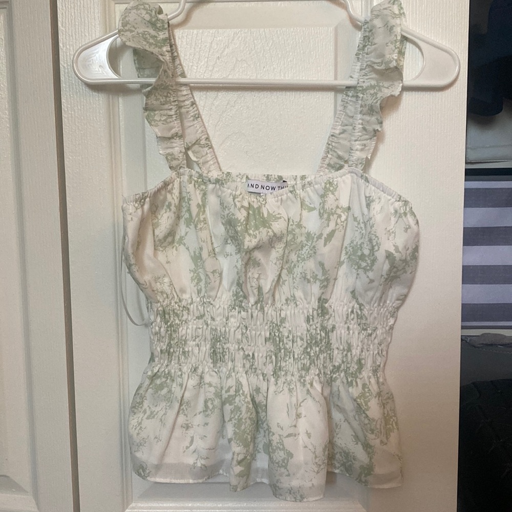 White and Green printed linen tank top